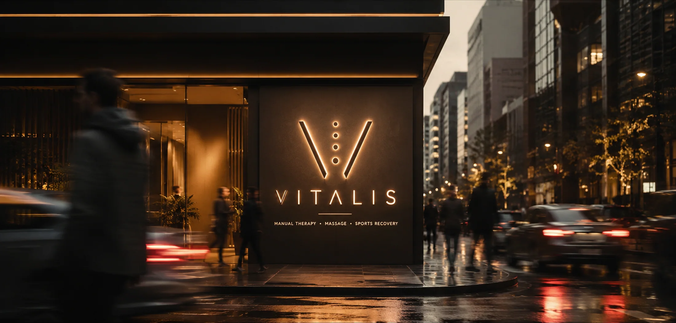 Vitalis Spa cephesi — akşam saatlerinde şehrin ortasında